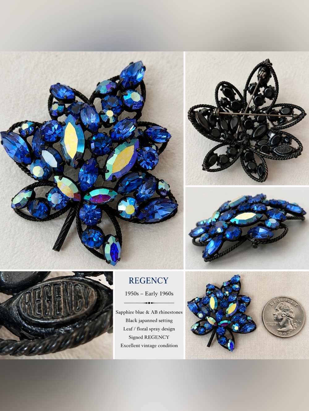 Regency Sapphire Blue Leaf Rhinestone Brooch